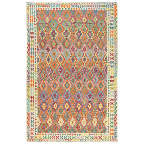 Colorful, Hand Woven Afghan Kilim with Geometric Design, Flat Weave Veggie Dyes Organic Wool, Reversible Oversized Oriental 