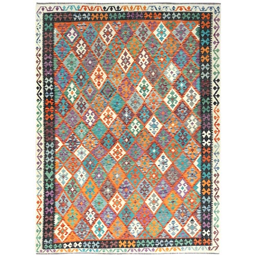 Colorful, Veggie Dyes Pure Wool Hand Woven, Afghan Kilim with Geometric Elements Flat Weave, Reversible Oriental 