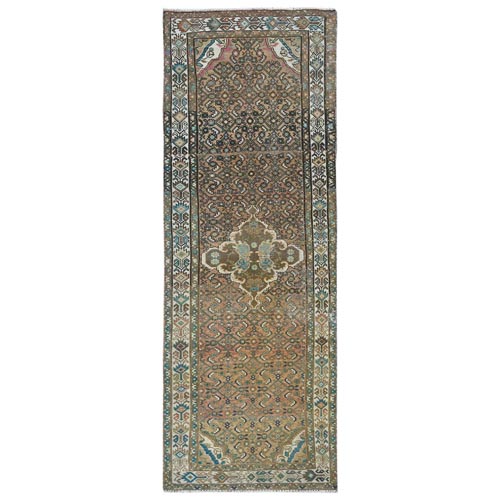 Mocha Brown, Vintage Persian Hamadan with Fish Mahi Design, Abrash, Distressed, Cropped Thin, Hand Knotted Pure Wool Wide Runner Oriental 