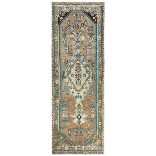 Camel Hair Vintage Persian Hamadan with Unique Open Field Design, Sheared Low, Hand Knotted Pure Wool, Distressed Wide Runner Oriental 