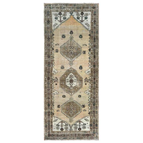 Sand Color Vintage Persian Bakhtiar with Open Field and Large Medallions Design, Hand Knotted, Worn Down, Distressed Look, Pure Wool Wide Runner Oriental 