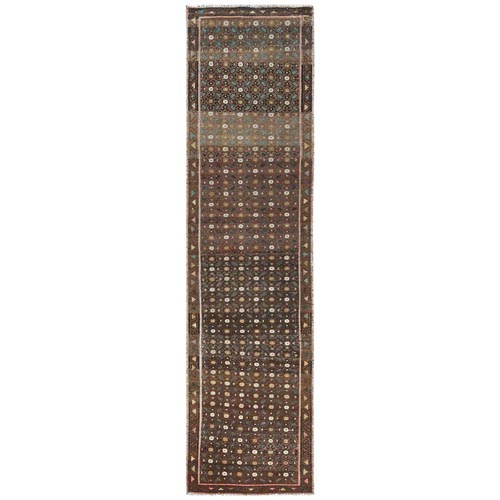 Chocolate Brown, Abrash, Vintage Persian Hamadan with All Over Repetitive Design, Hand Knotted, Pure Wool, Worn Down, Distressed Look Narrow Runner Oriental 