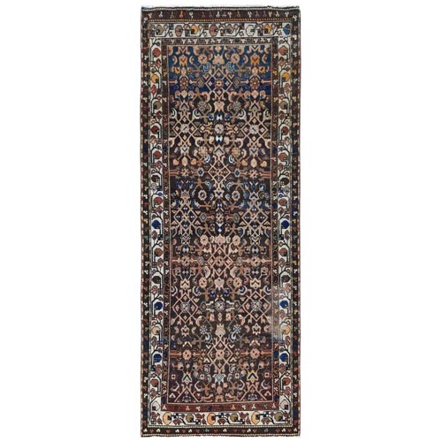 Chocolate Brown Vintage Persian Hamadan with Fish Mahi All Over Design, Abrash, Hand Knotted Pure Wool, Distressed Look, Worn Down Wide Runner Oriental 