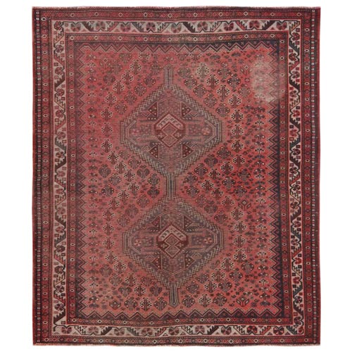 Tomato Red, Distressed Look Vintage Persian Shiraz with Geometric Medallions Design, Hand Knotted Pure Wool, Cropped Thin Squarish Oriental 