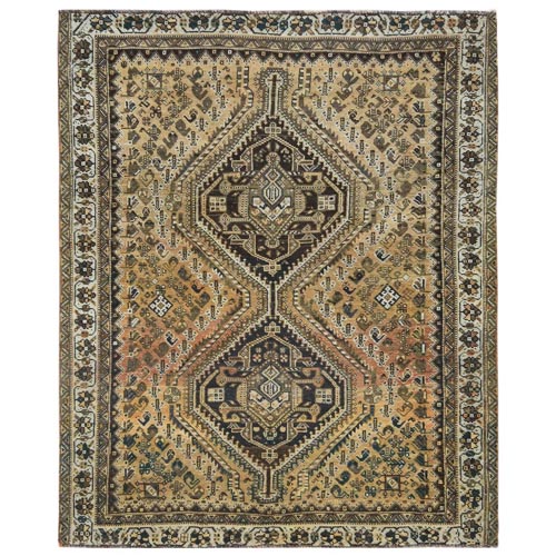 Sand Color, Vintage Persian Shiraz with Geometric Medallion Design, Abrash, Hand Knotted, Pure Wool, Distressed Look Cropped Thin Squarish Oriental 