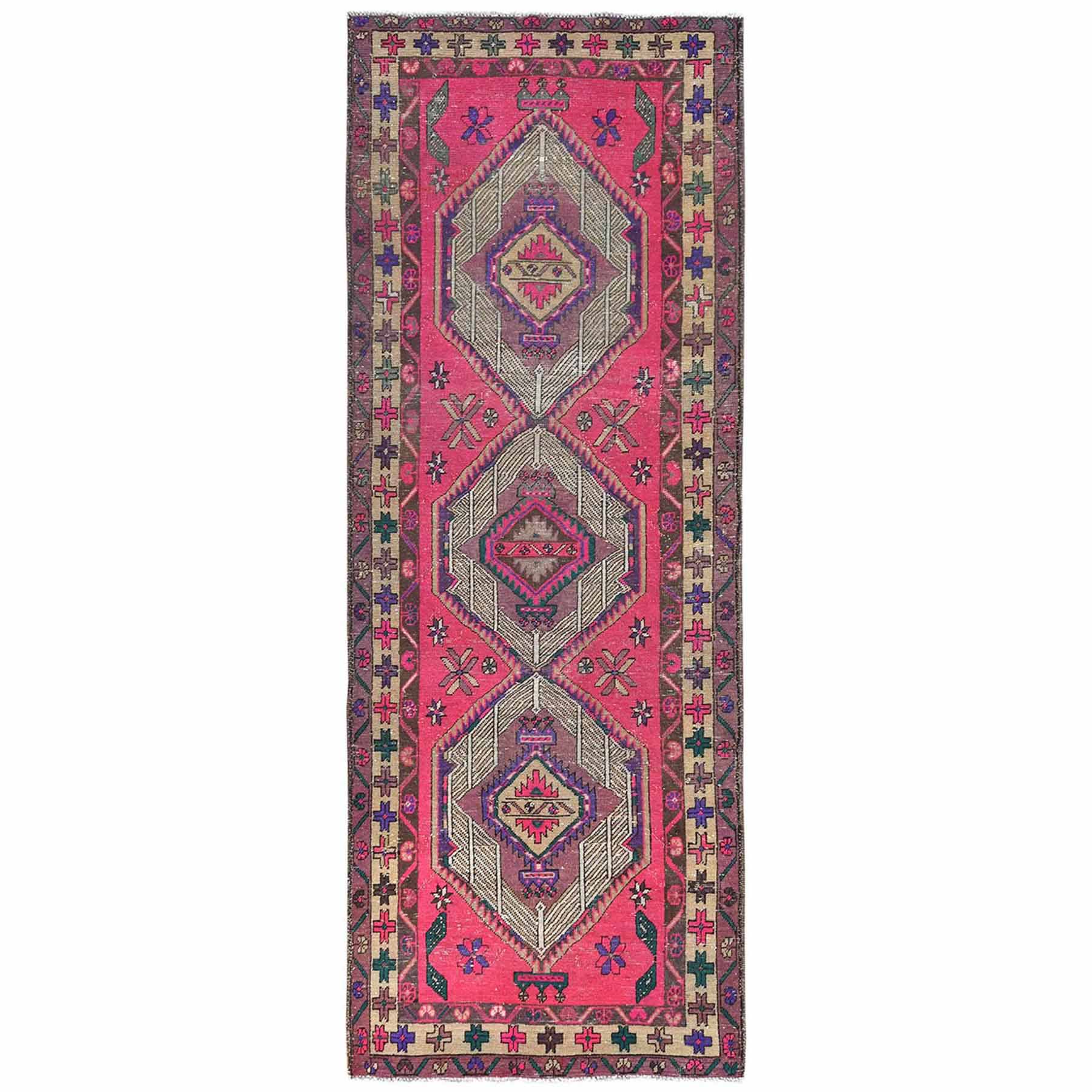 Hot Pink with Touches of Purple Vintage Persian Serab, Bohemian, Hand Knotted Pure Wool, Clean, Worn Down Wide Runner Oriental 