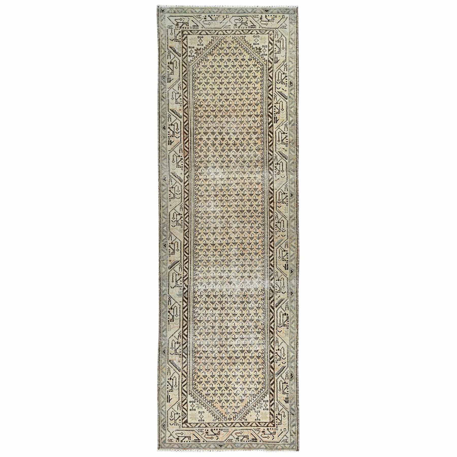 Wheat Color, Bohemian Vintage Persian Sarouk Mir with Small Repetitive Boteh Design, Worn Down, Clean, Hand Knotted Pure Wool Wide Runner Oriental 