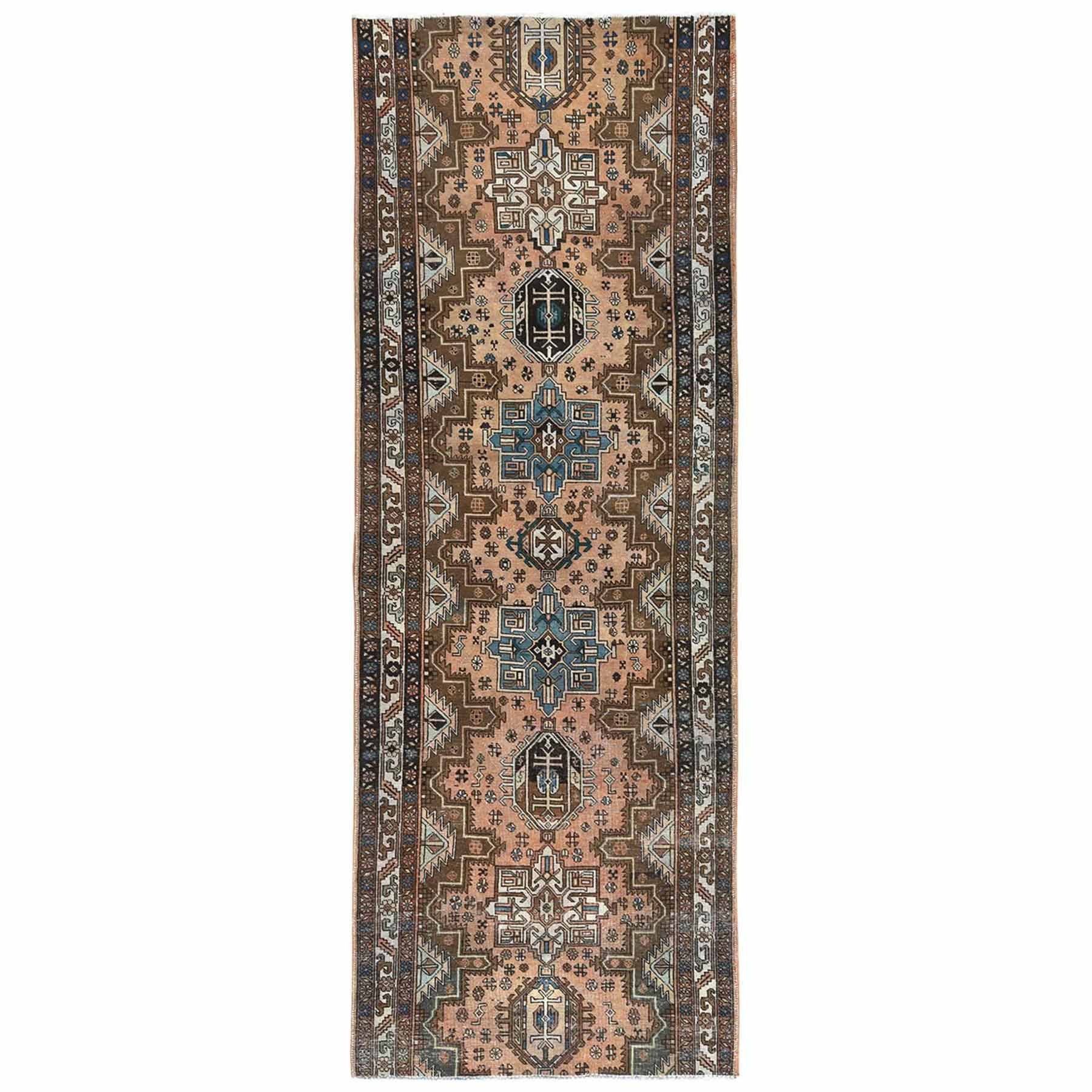 Peach with Chocolate Brown, Vintage Persian Karajeh, Bohemian, Clean, Fragment, Hand Knotted Pure Wool, Distressed Wide Runner Oriental 