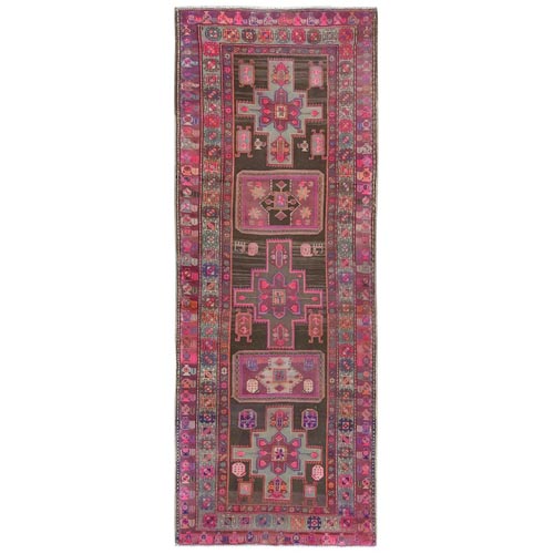 Chocolate Brown with Batches of Pink, Bohemian Vintage Northwest Persian, Abrash, Clean, Sheared Low, Hand Knotted Pure Wool Wide Runner Oriental 
