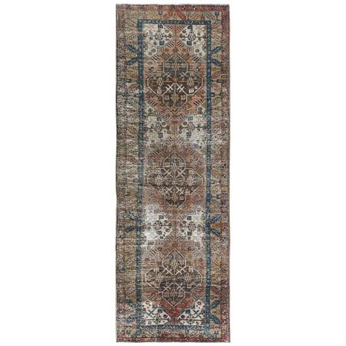 Light Red with Touches of Chocolate Brown, Bohemian Vintage & Worn Persian Heriz, Professionally Cleaned, Distressed, Hand Knotted Pure Wool Wide Runner Oriental 