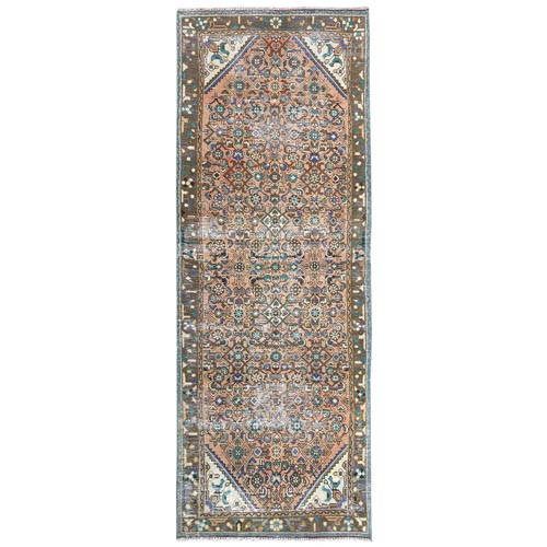Tan Color, Vintage Persian Hamadan with All Over Fish Mahi Design, Professionally Cleaned, Pure Wool Hand Knotted, Cropped Thin Wide Runner Oriental 
