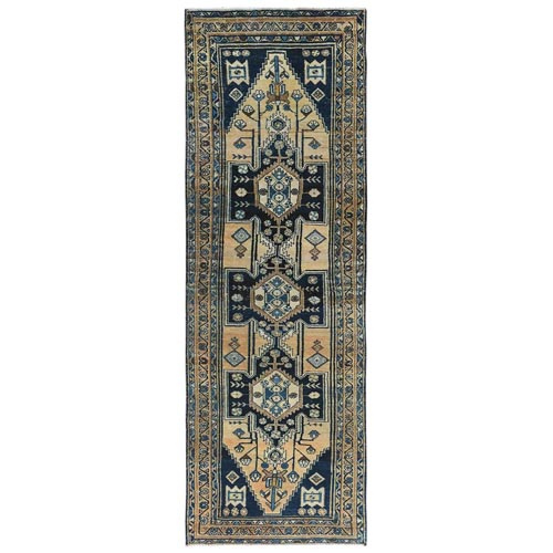 Light Coral with a Mix of Midnight Blue, Vintage Persian Mosel, Hand Knotted Pure Wool, Clean, Worn Down Wide Runner Oriental 