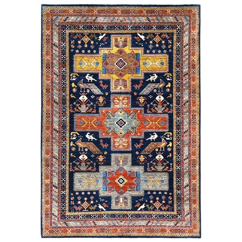 Navy Blue, Armenian Inspired Caucasian Design with Bird Figurines, 200 KPSI, Denser Weave, Hand Knotted, Natural Dyes Ghazni Wool Oriental Rug