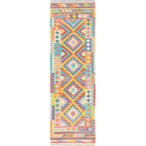 Colorful, Natural Dyes Flat Weave, Soft Wool Hand Woven, Afghan Kilim with Geometric Design Reversible, Runner Oriental 