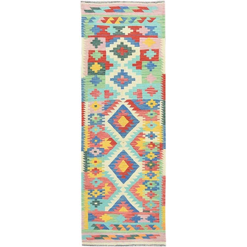 Colorful, Flat Weave Organic Wool, Hand Woven Afghan Kilim with Geometric Design, Vegetable Dyes Reversible, Runner Oriental Rug