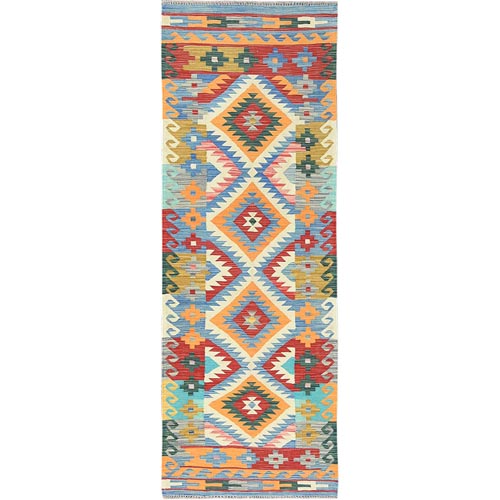 Colorful, Flat Weave Pure Wool, Hand Woven Afghan Kilim with Geometric Design, Vegetable Dyes Reversible, Runner Oriental Rug