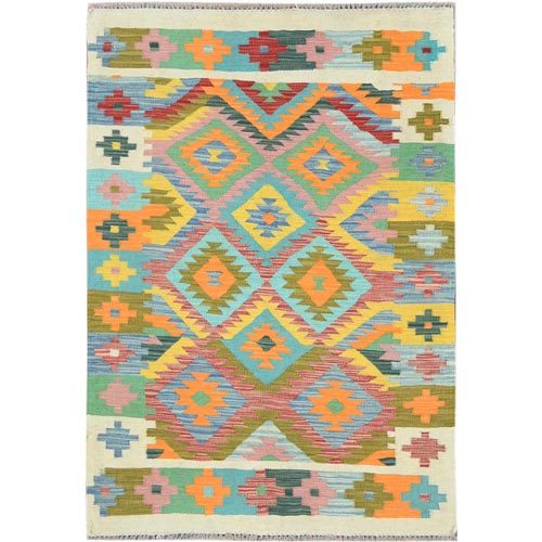 Colorful, Flat Weave Natural Wool, Hand Woven Afghan Kilim with Geometric Design, Natural Dyes Reversible, Oriental Rug