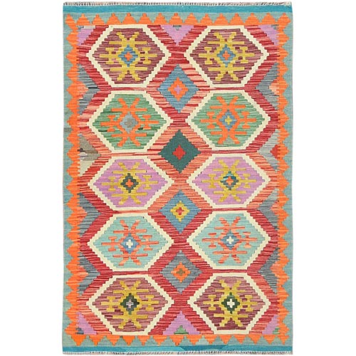 Colorful, Hand Woven Afghan Kilim with Geometric Design, Vegetable Dyes Flat Weave, Extra Soft Wool Reversible, Oriental 