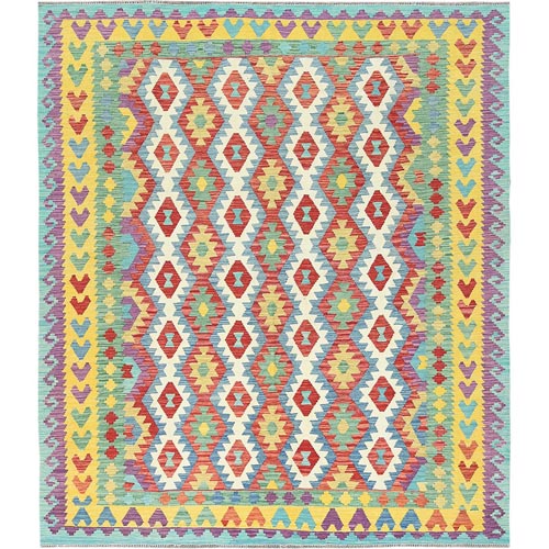 Colorful, Flat Weave Natural Wool, Hand Woven Afghan Kilim with Geometric Design, Vegetable Dyes Reversible, Oriental Rug