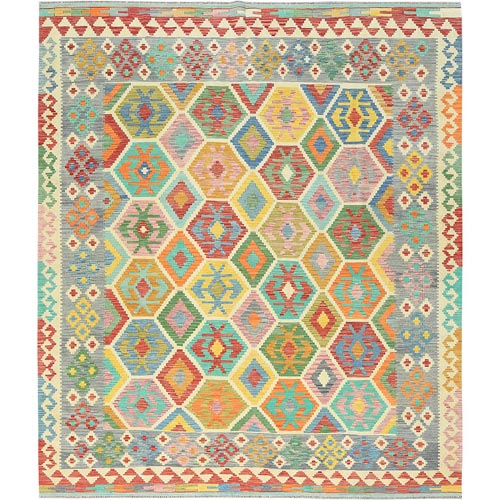 Colorful, Flat Weave Organic Wool, Hand Woven Afghan Kilim with Geometric Design, Vegetable Dyes Reversible, Oriental Rug