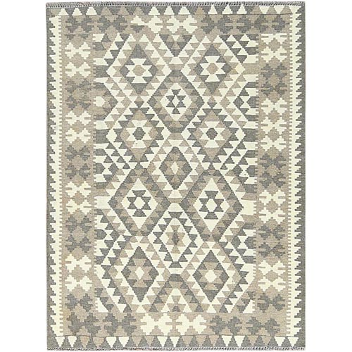 Earth Tone Colors, Flat Weave Undyed Natural Wool, Hand Woven Afghan Kilim with Geometric Pattern, Reversible Oriental Rug
