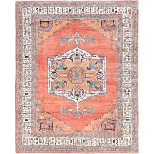 Coral Red, Afghan Peshawar with Serapi Heriz Design, Natural Dyes, Densely Woven, Extra Soft Wool Hand Knotted, Oriental Rug