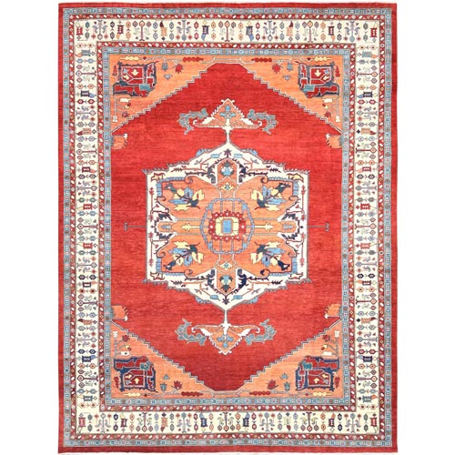Rich Red, Afghan Peshawar with Serapi Heriz Design, Natural Dyes Densely Woven, Soft Wool Hand Knotted, Oriental Rug