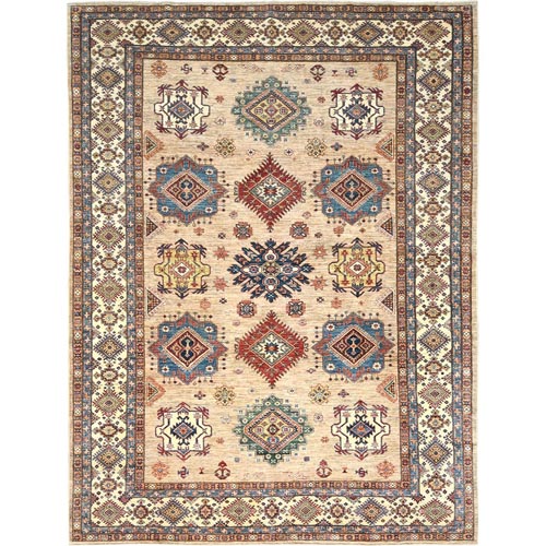 Honey Brown, Densely Woven Pure Wool, Hand Knotted Afghan Super Kazak with Large Elements Design, Natural Dyes, Oriental Rug