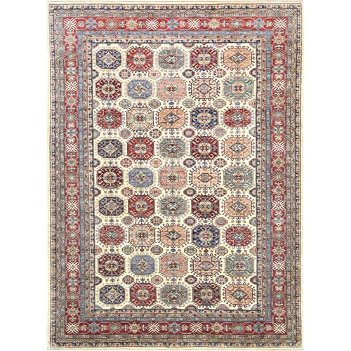 Ivory, Hand Knotted Afghan Super Kazak with Geometric Medallions, Vegetable Dyes Dense Weave, Pure Wool, Oriental Rug