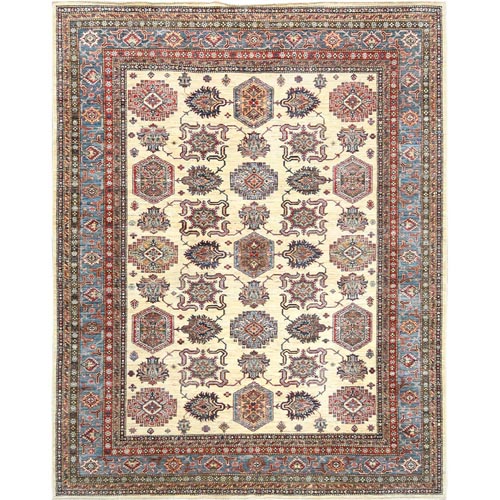 Cream, Vegetable Dyes Dense Weave, Natural Wool Hand Knotted, Afghan Super Kazak with Geometric Medallions, Oriental Rug