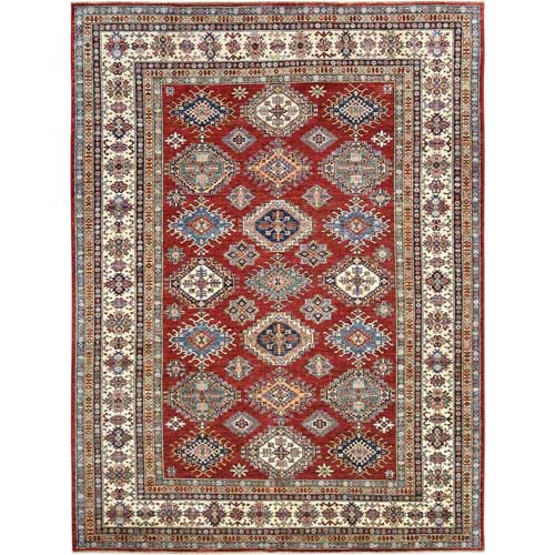 Rich Red, Organic Wool Hand Knotted, Afghan Super Kazak with Large Medallions Design, Vegetable Dyes Dense Weave, Oriental Rug