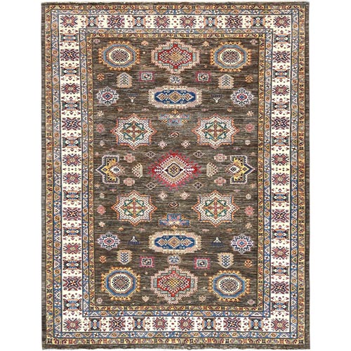 Shades of Brown, Densely Woven Natural Wool, Hand Knotted Afghan Super Kazak with Geometric Medallions, Natural Dyes, Oriental Rug