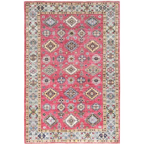 Bubblegum Pink, Organic Wool Hand Knotted, Afghan Super Kazak with Geometric Medallions, Natural Dyes Densely Woven, Oriental Rug