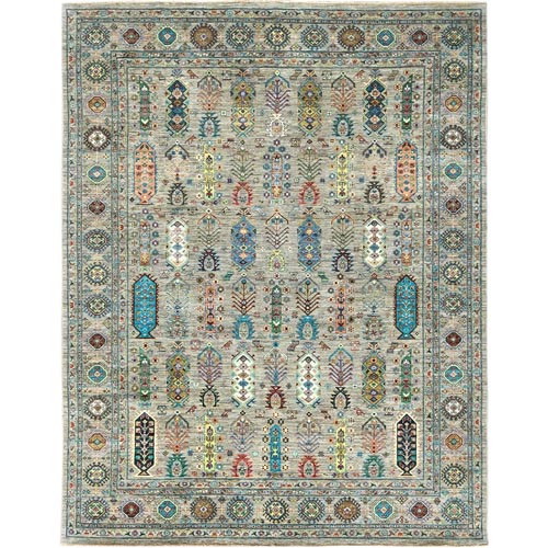 Sage Green, Natural Wool Hand Knotted, Fine Peshawar with All Over Geometric Cartouche Design, Natural Dyes Densely Woven, Oriental Rug