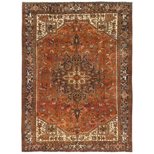 Terracotta Red, Vintage Persian Heriz, Shaved Down Rustic Look, Soft Wool Hand Knotted, Oriental 