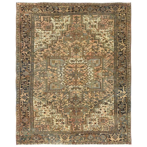 Faded Brown, Shaved Down Distressed Feel, Worn Wool Hand Knotted, Vintage Persian Heriz, Oriental Rug