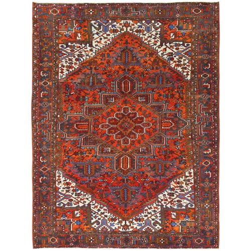 Rust Red, Vintage Persian Heriz, Shaved Down Distressed Look, Worn Wool Hand Knotted, Oriental 