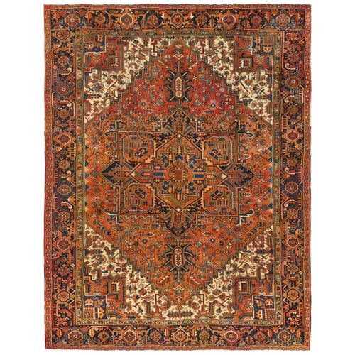 Sunset Colors, Shaved Down Distressed Feel, Worn Wool Hand Knotted, Vintage Persian Heriz, Oriental Rug