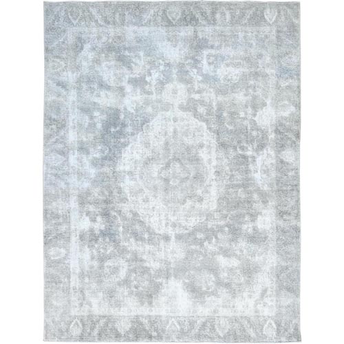 Blueish Gray, Distressed Feel Worn Wool, Hand Knotted Vintage Persian Tabriz, Shaved Down, Oriental 