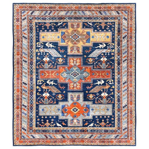 Navy Blue, Armenian Inspired Caucasian Design with Birds Figurines 200 KPSI, Vegetable Dyes Dense Weave, Pure Wool Hand Knotted, Oriental Rug