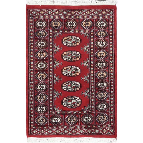 Deep and Rich Red, Hand Knotted Mori Bokara with Geometric Medallions Design, Soft Wool, Mat Oriental Rug