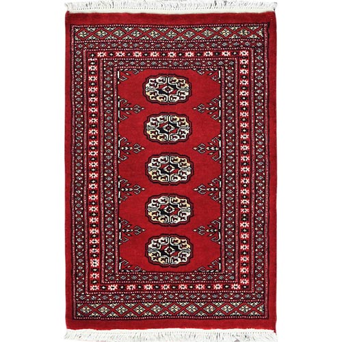 Deep and Rich Red, Mori Bokara with Geometric Medallions Design, Soft Wool Hand Knotted, Mat Oriental Rug