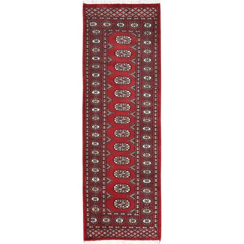 Deep and Rich Red, Mori Bokara with Geometric Medallions Design, Pure Wool Hand Knotted, Runner Oriental Rug