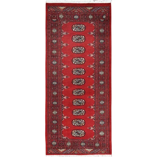 Deep and Rich Red, Pure Wool Hand Knotted, Mori Bokara with Geometric Medallions Design, Runner Oriental Rug