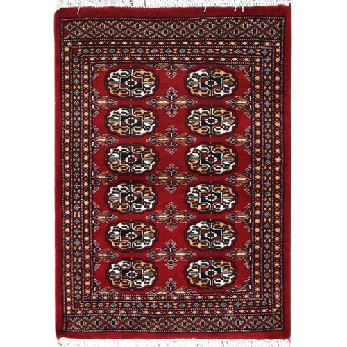 Deep and Rich Red, Hand Knotted Super Bokara with Geometric Medallions, 250 KPSI Silky Wool, Mat Oriental Rug