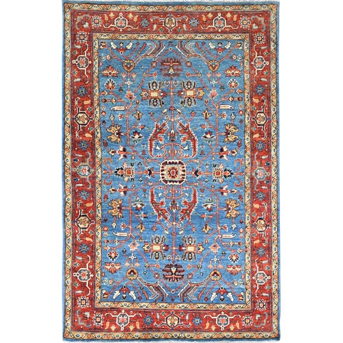 Denim Blue, Densely Woven Organic Wool, Hand Knotted Afghan Peshawar with All Over Serapi Heriz Design, Natural Dyes, Oriental Rug