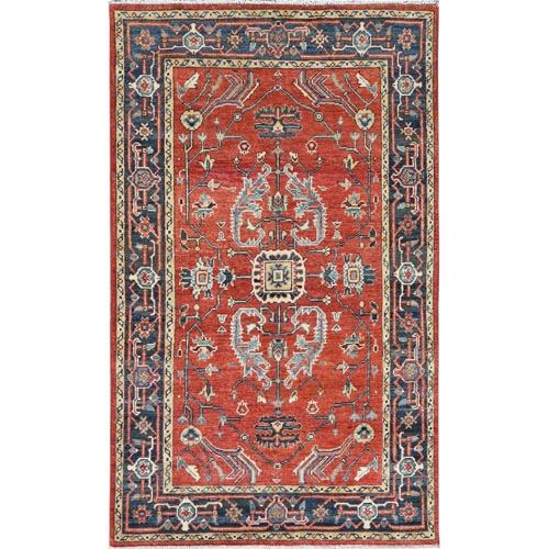 Tomato Red, Natural Dyes Densely Woven, Pure Wool Hand Knotted, Afghan Peshawar with Serapi Heriz Design, Oriental Rug