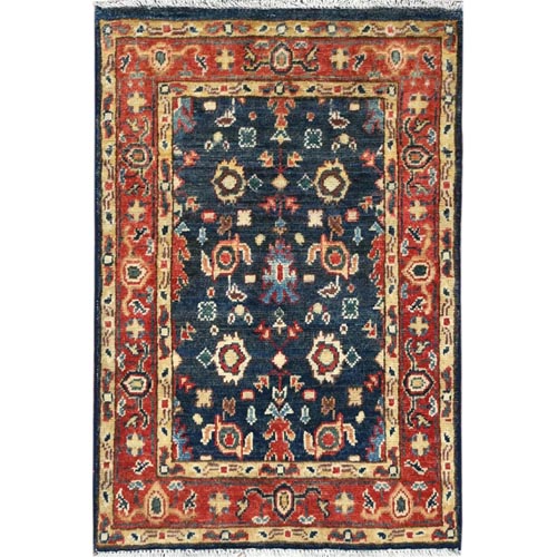 Denim Blue, Natural Dyes Densely Woven, Soft Wool Hand Knotted, Afghan Peshawar with All Over Heriz Design, Mat Oriental Rug