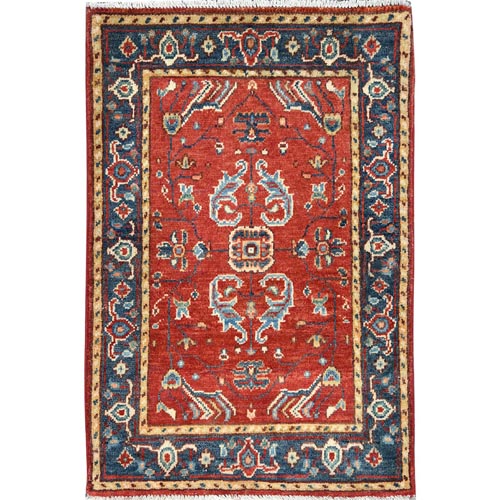 Tomato Red, Natural Dyes Densely Woven, Natural Wool Hand Knotted, Afghan Peshawar with All Over Serapi Heriz Design, Mat Oriental Rug
