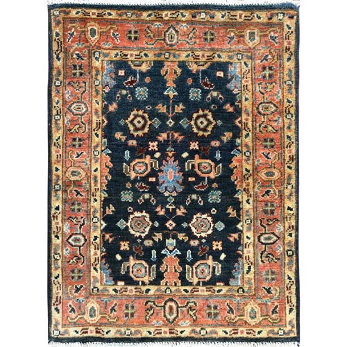 Navy Blue, Hand Knotted Afghan Peshawar with All Over Heriz Design, Natural Dyes Densely Woven, Soft Wool, Mat Oriental Rug
